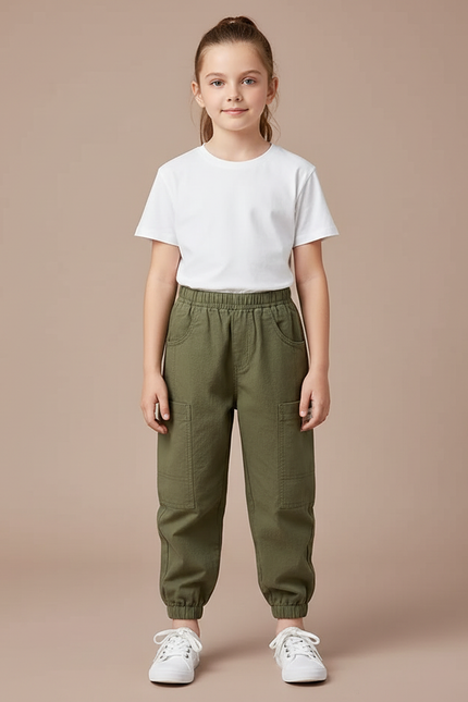 Pantalon Beige Coton Ample Cargo Enfant - Kaki