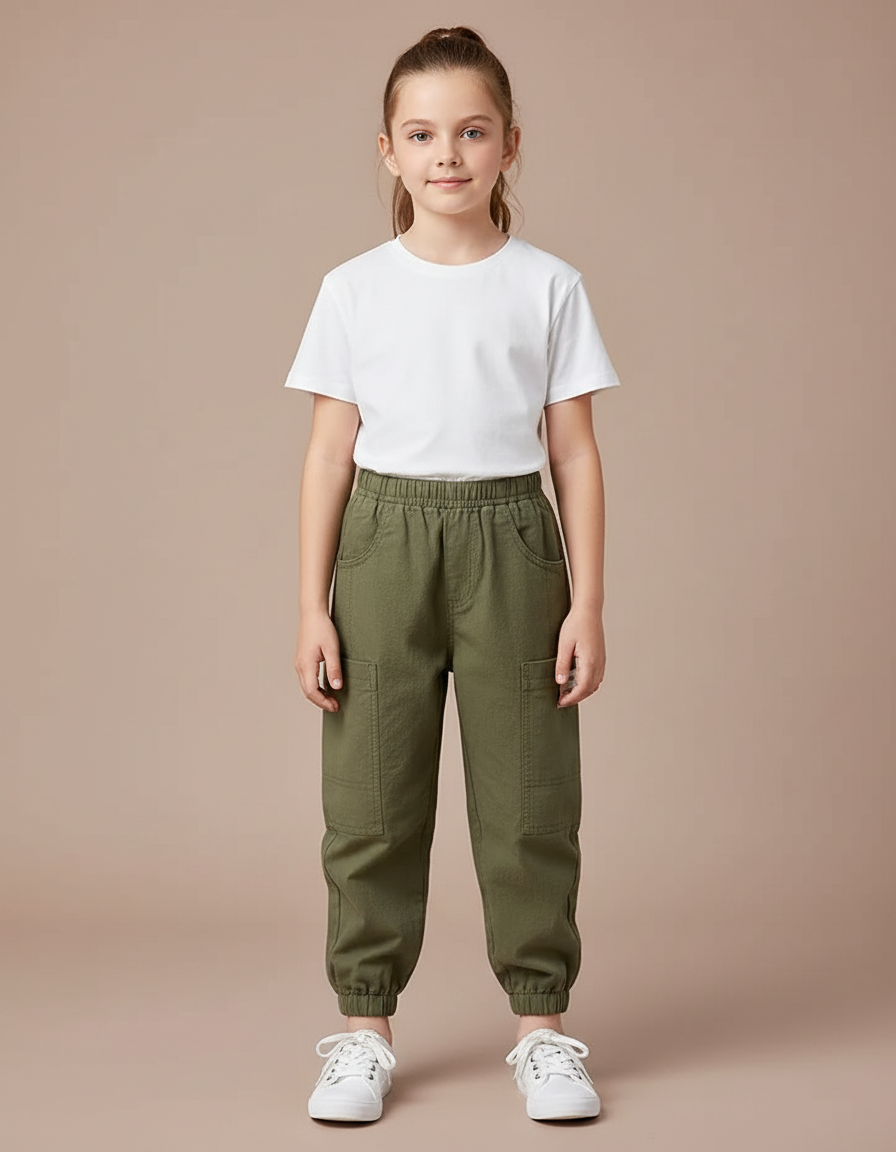 Pantalon Beige Coton Ample Cargo Enfant - Kaki