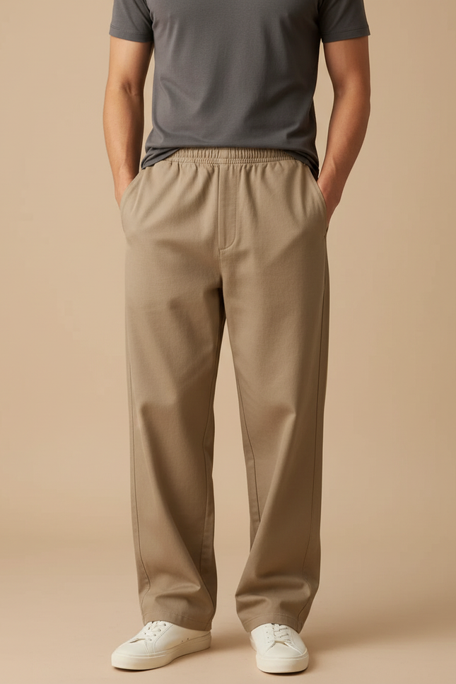 Pantalon Beige Coton Ample Droit Décontracté Homme