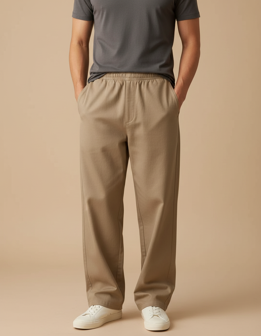 Pantalon Beige Coton Ample Droit Décontracté Homme