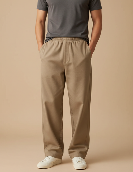Pantalon Beige Coton Ample Droit Décontracté Homme