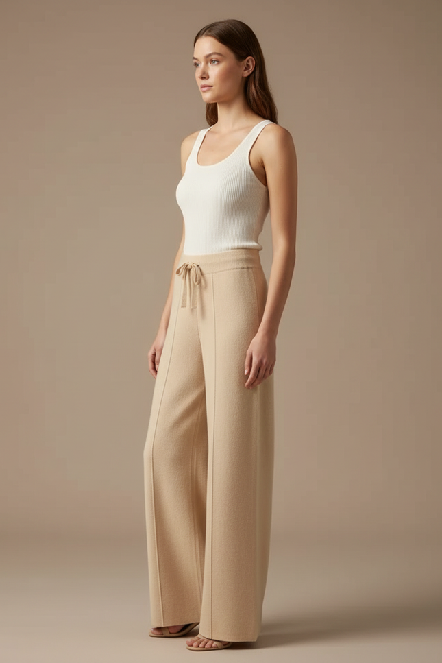 Pantalon Beige Large Tricoté Laine Mérinos Doux Décontracté