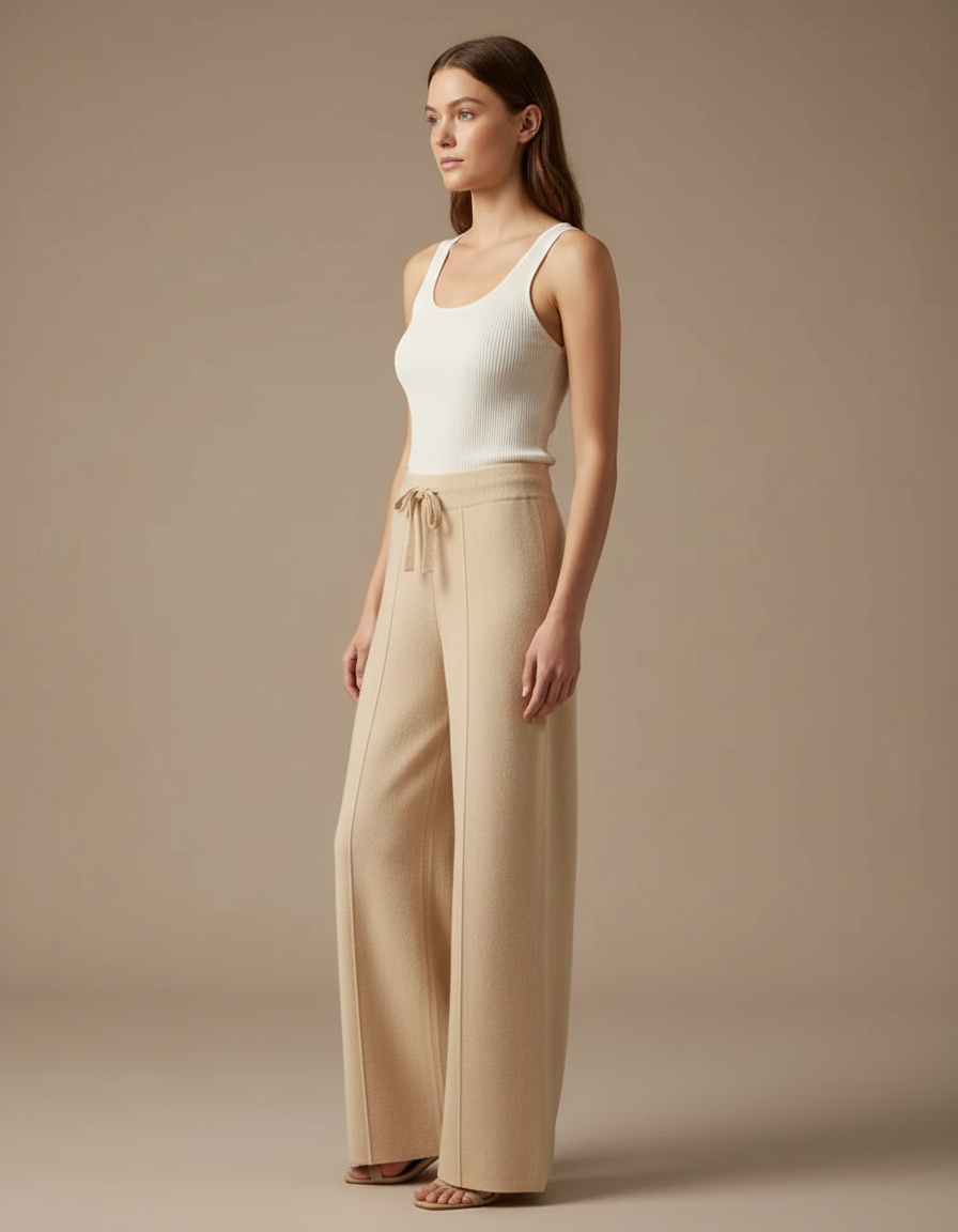 Pantalon Beige Large Tricoté Laine Mérinos Doux Décontracté