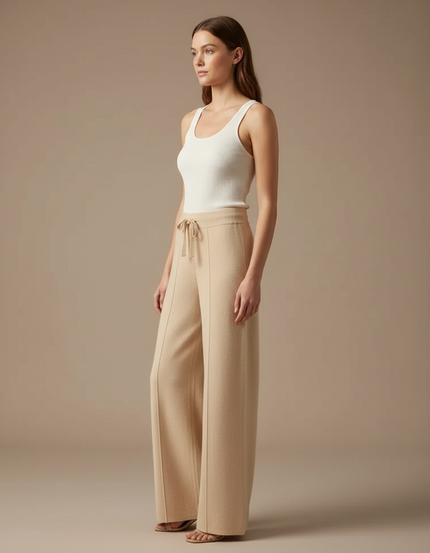 Pantalon Beige Large Tricoté Laine Mérinos Doux Décontracté