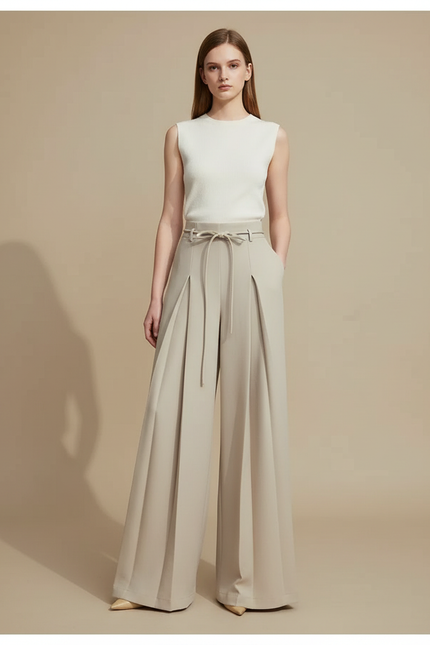 Pantalon Beige Large Plissé Élégant Femme Fluide - Polyester
