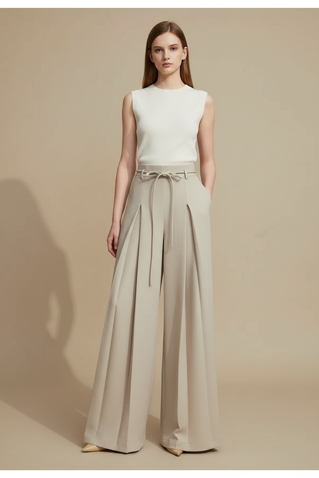 Pantalon Beige Large Plissé Élégant Femme Fluide - Polyester