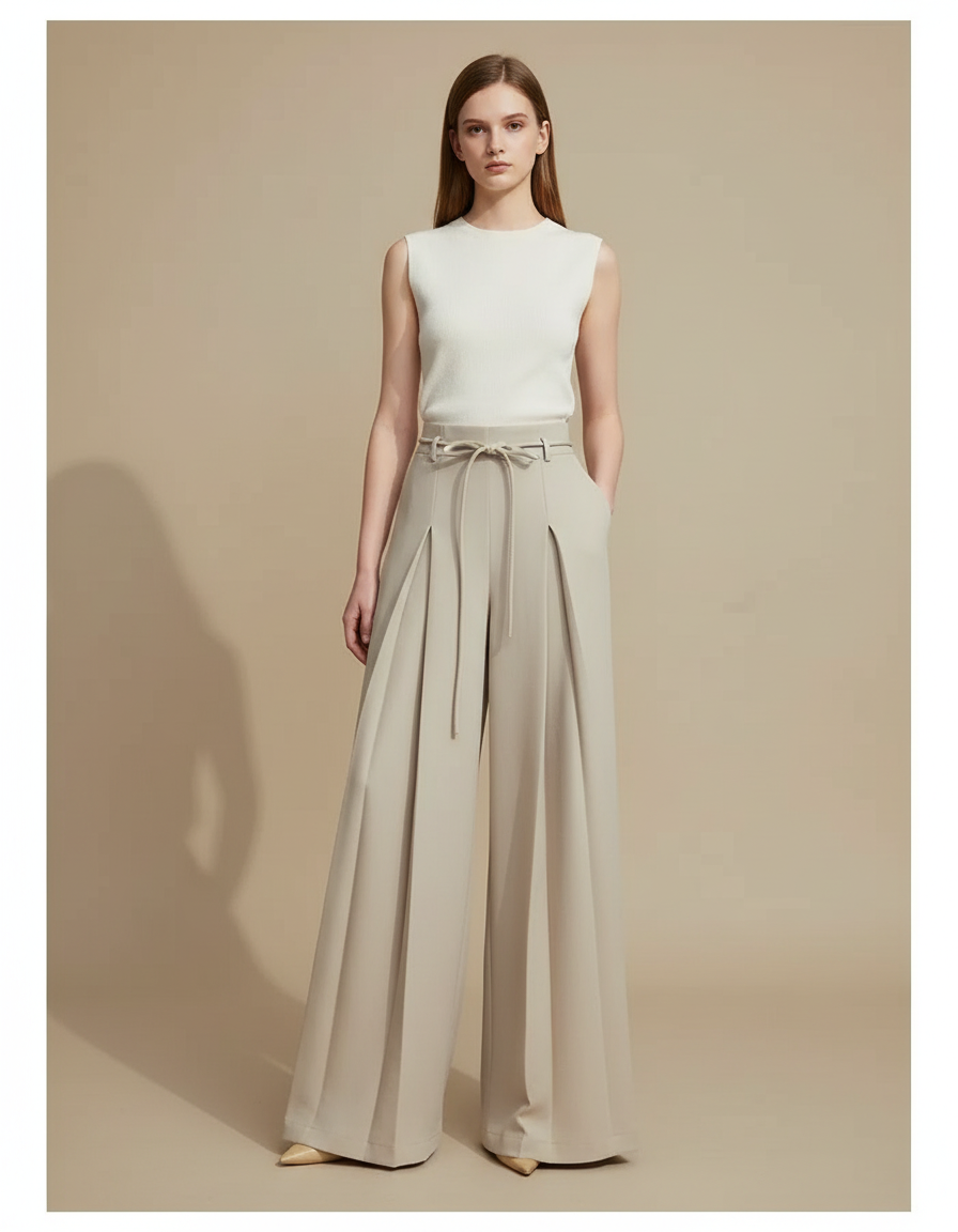 Pantalon Beige Large Plissé Élégant Femme Fluide - Polyester