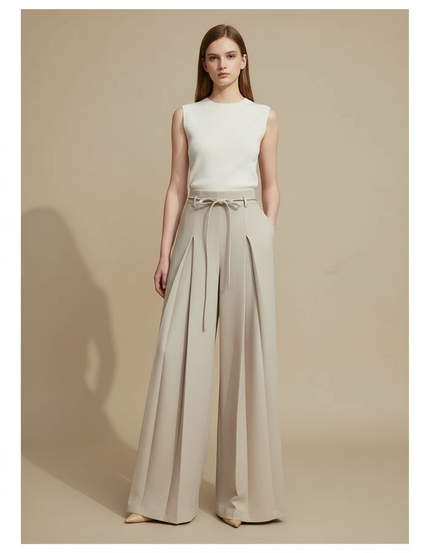 Pantalon Beige Large Plissé Élégant Femme Fluide - Polyester