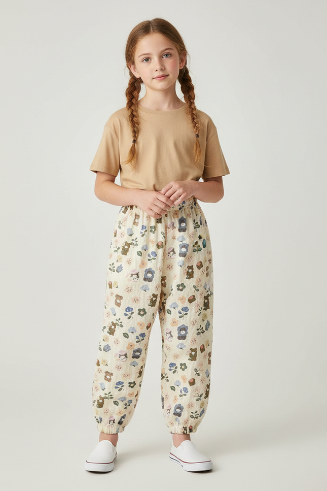 Pantalon Beige Fluide Ample Motif Ours Fleuri Léger - Lin
