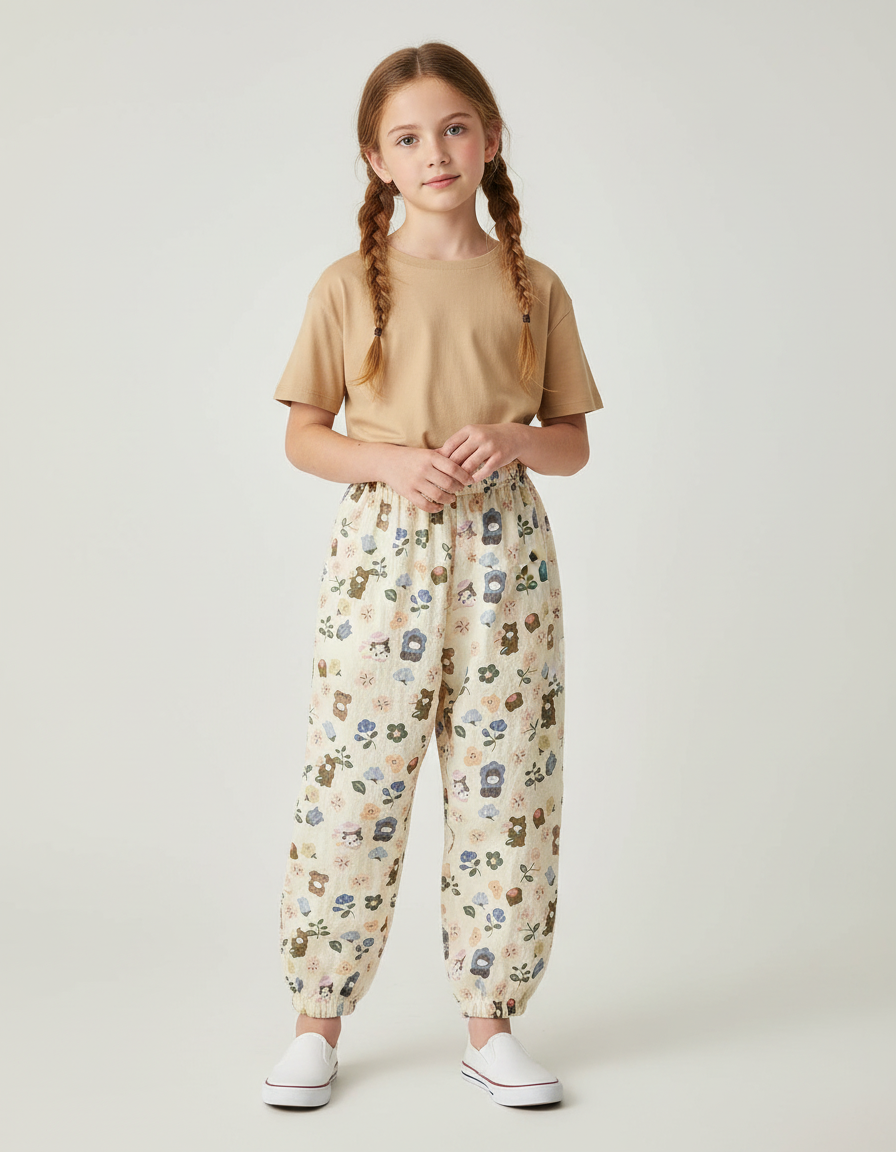 Pantalon Beige Fluide Ample Motif Ours Fleuri Léger - Lin