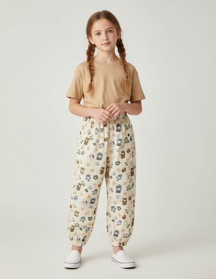 Pantalon Beige Fluide Ample Motif Ours Fleuri Léger - Lin