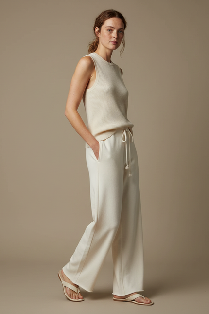 Pantalon Beige Ample Coton Décontracté Femme - Molleton