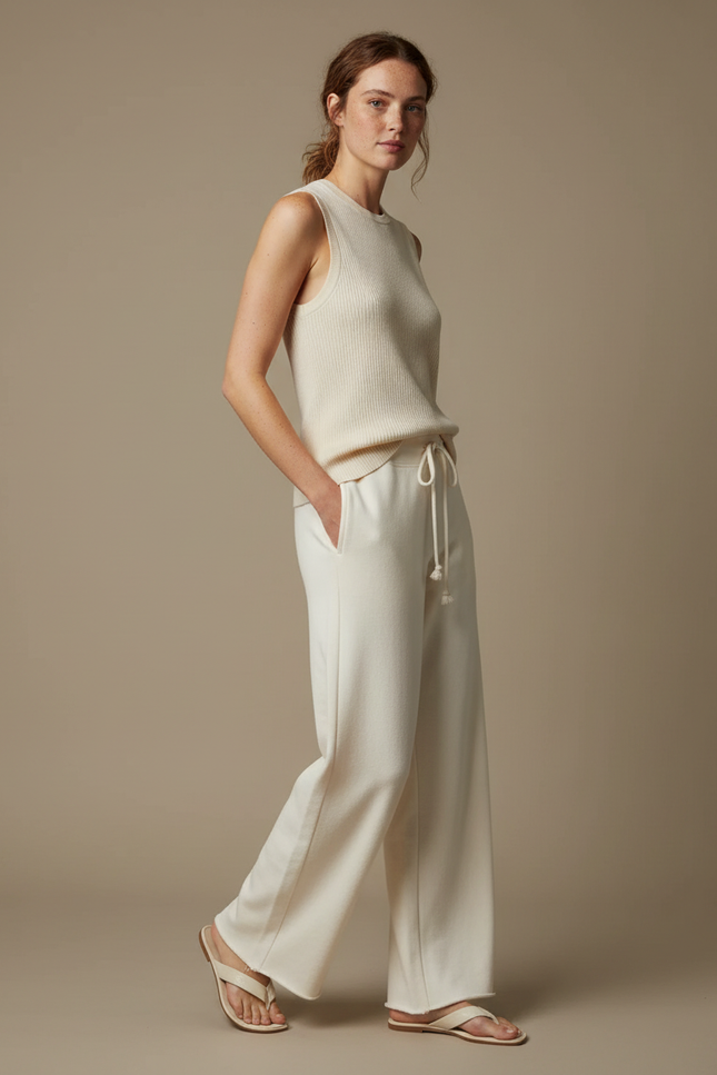 Pantalon Beige Ample Coton Décontracté Femme - Molleton