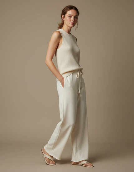 Pantalon Beige Ample Coton Décontracté Femme - Molleton