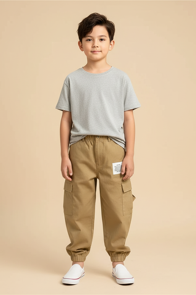 Pantalon Beige Cargo Enfant Décontracté Multipoches - Kaki Toile