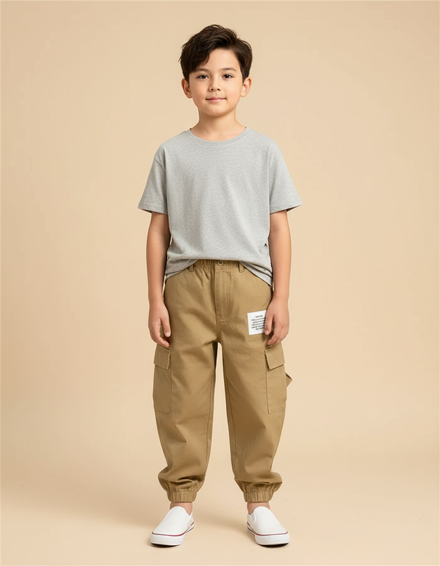 Pantalon Beige Cargo Enfant Décontracté Multipoches - Kaki Toile