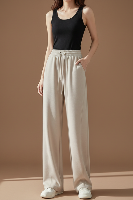 Pantalon Beige Ample Droit Décontracté Confortable - Molleton