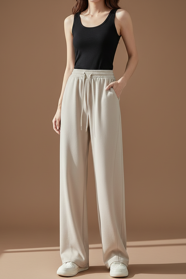 Pantalon Beige Ample Droit Décontracté Confortable - Molleton