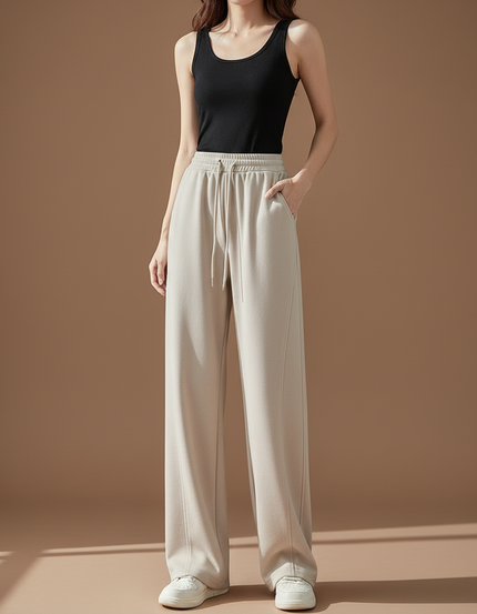 Pantalon Beige Ample Droit Décontracté Confortable - Molleton