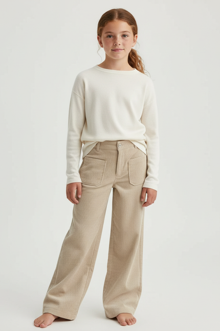 Pantalon Beige Côtelé Ample Décontracté Confortable - Cordé