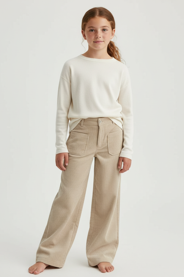 Pantalon Beige Côtelé Ample Décontracté Confortable - Cordé
