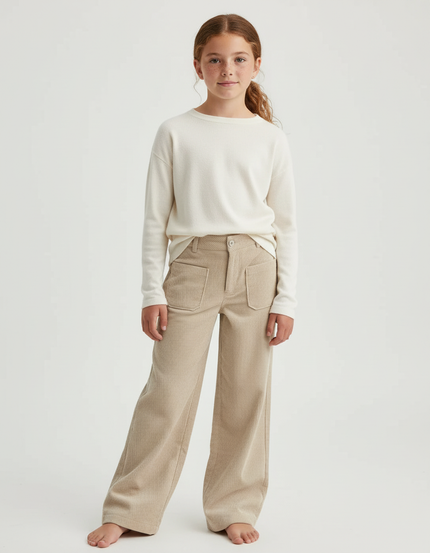 Pantalon Beige Côtelé Ample Décontracté Confortable - Cordé