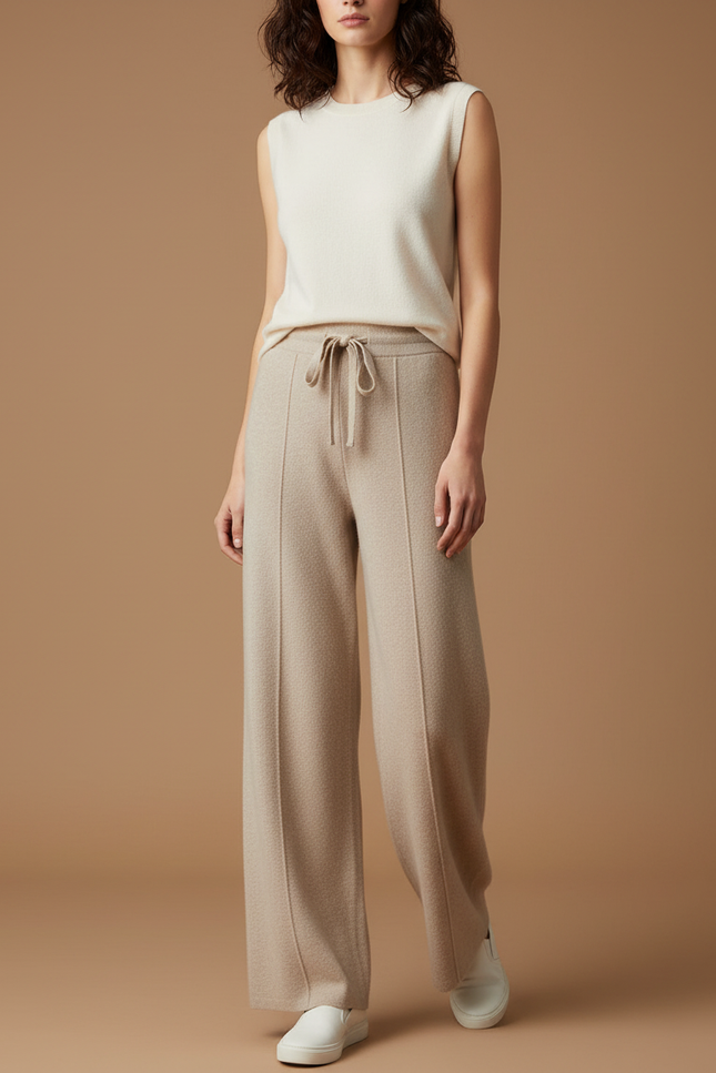 Pantalon Beige Tricoté Ample Décontracté Femme - Maille