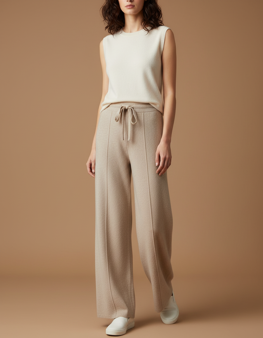Pantalon Beige Tricoté Ample Décontracté Femme - Maille
