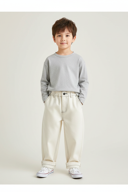 Pantalon Beige Coton Ample Décontracté Enfant - Toile