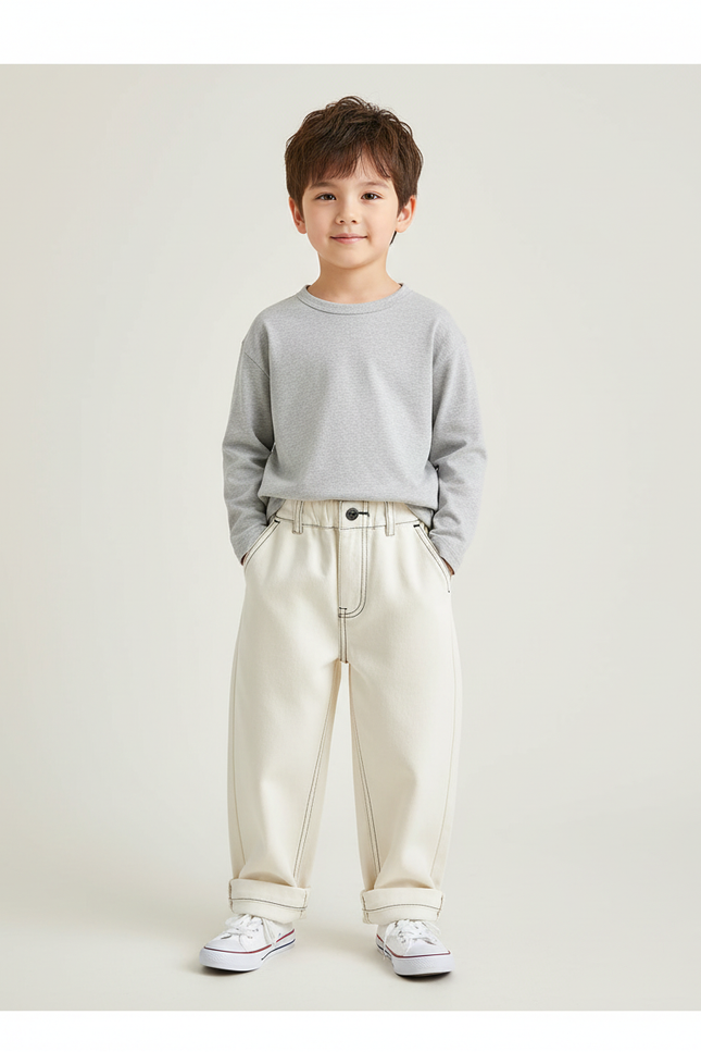 Pantalon Beige Coton Ample Décontracté Enfant - Toile
