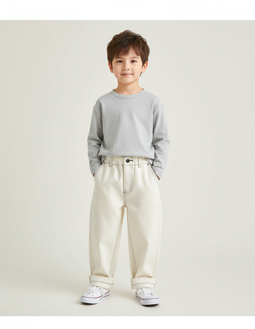 Pantalon Beige Coton Ample Décontracté Enfant - Toile