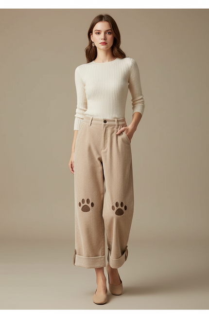 Pantalon Beige Côtelé Ample Patte Brodé Femme - Cordé