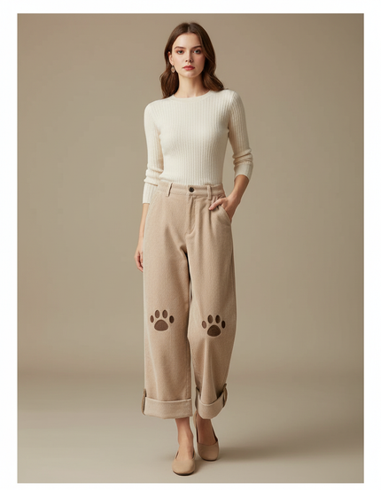Pantalon Beige Côtelé Ample Patte Brodé Femme - Cordé