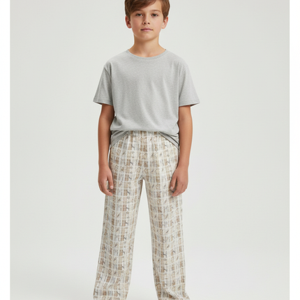 Pantalon Beige Imprimé Carreaux Ample Décontracté Confortable - Coton