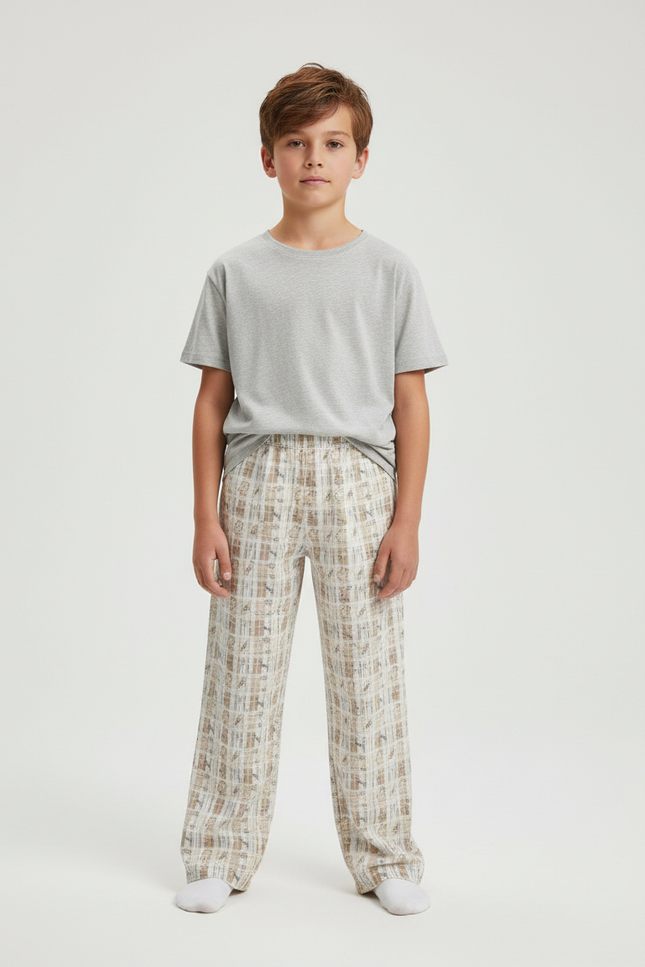 Pantalon Beige Imprimé Carreaux Ample Décontracté Confortable - Coton