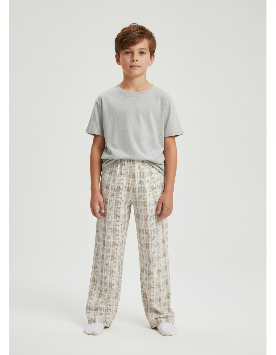 Pantalon Beige Imprimé Carreaux Ample Décontracté Confortable - Coton