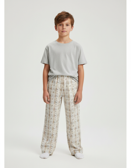 Pantalon Beige Imprimé Carreaux Ample Décontracté Confortable - Coton