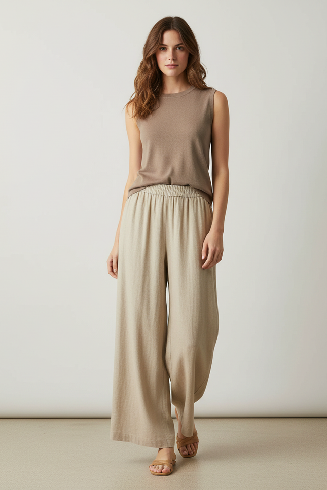 Pantalon Beige Ample Fluide Taille Haute Confortable - Lin