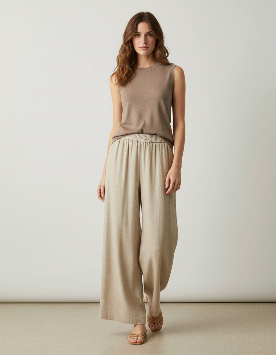 Pantalon Beige Ample Fluide Taille Haute Confortable - Lin