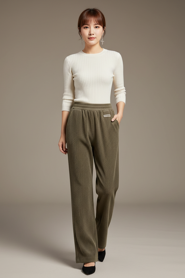 Pantalon Beige Côtelé Ample Décontracté Élastique - Kaki Cordé
