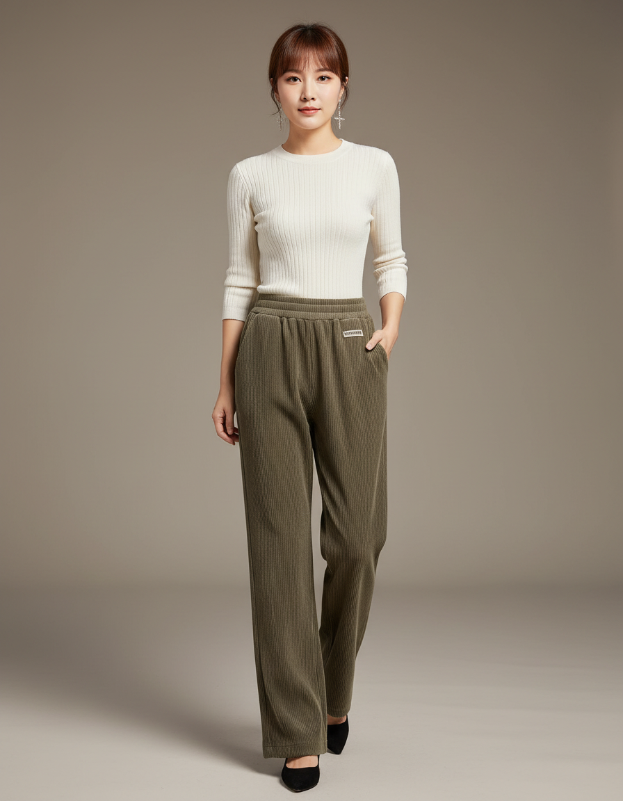 Pantalon Beige Côtelé Ample Décontracté Élastique - Kaki Cordé