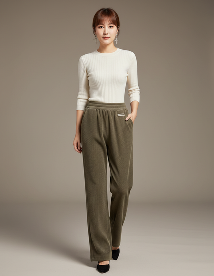 Pantalon Beige Côtelé Ample Décontracté Élastique - Kaki Cordé