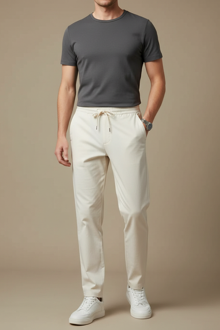 Pantalon Beige Homme Droit Décontracté Coton Élégant