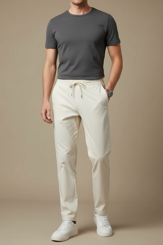 Pantalon Beige Homme Droit Décontracté Coton Élégant