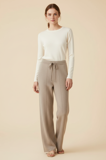 Pantalon Beige Tricoté Ample Confortable Décontracté - Maille