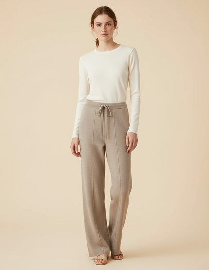 Pantalon Beige Tricoté Ample Confortable Décontracté - Maille