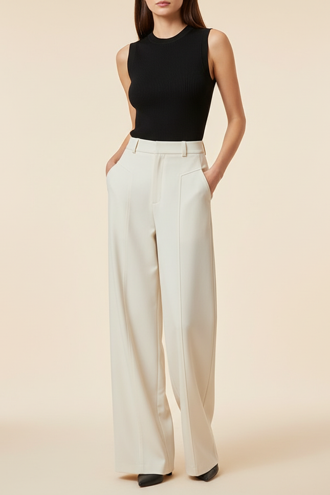 Pantalon Beige Ample Taille Haute Élégant Fluide - Viscose