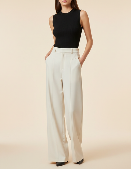 Pantalon Beige Ample Taille Haute Élégant Fluide - Viscose