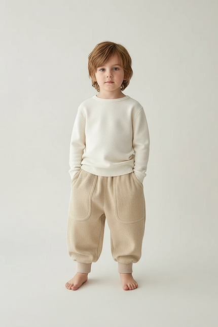 Pantalon Beige Côtelé Ample Doux Élastique Garçon - Cordé