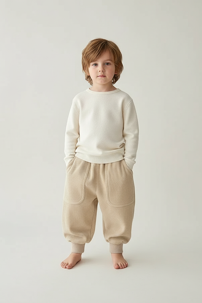Pantalon Beige Côtelé Ample Doux Élastique Garçon - Cordé